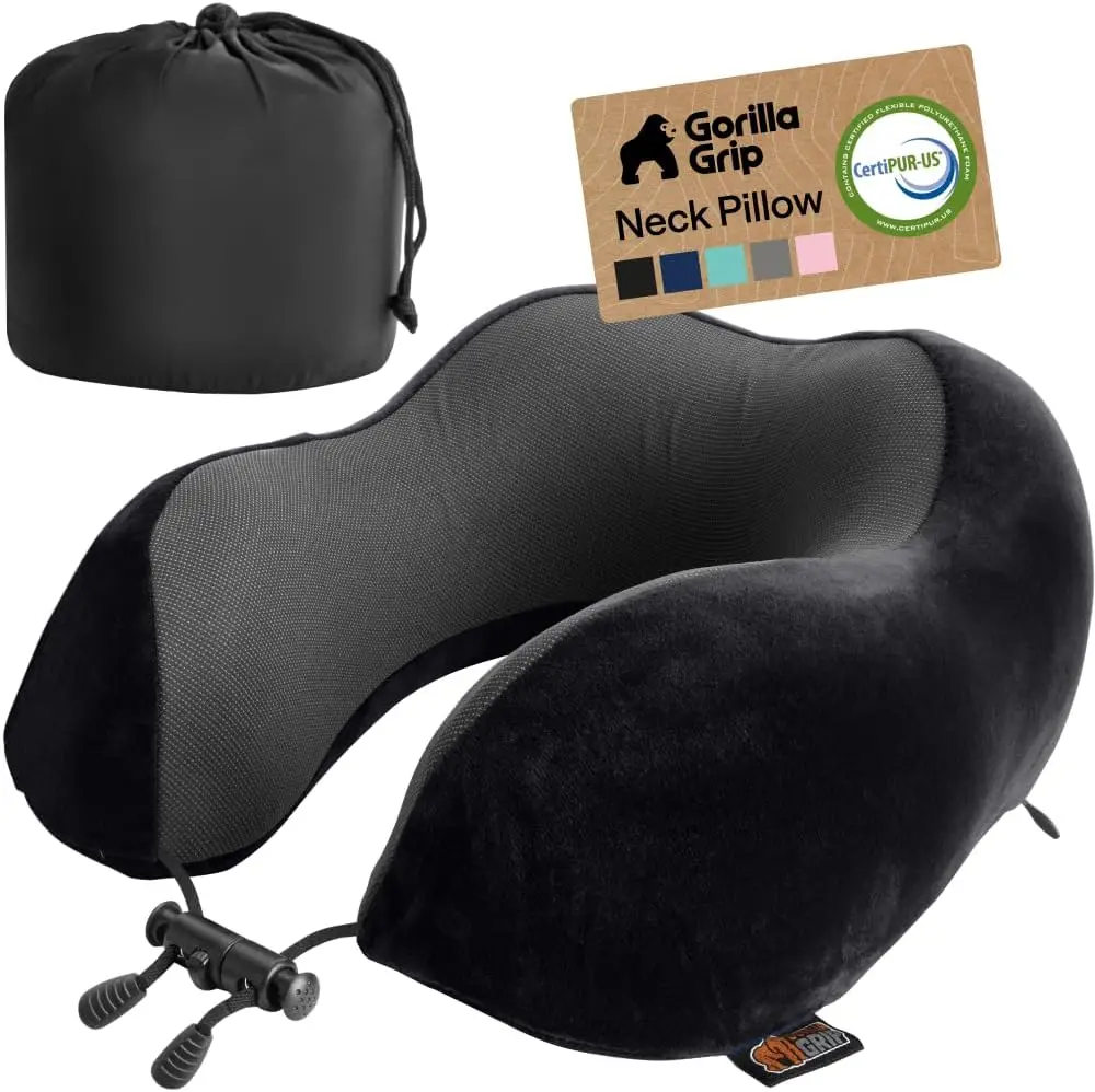 Travel Neck Pillow for Airplanes, Memory Foam Cooling Mesh, Washable Cover, Support for Sleeping, Flight Essentials, Black