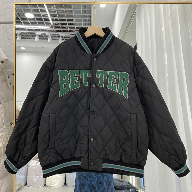 Chaqueta Bomber de béisbol con estampado verde para mujer, chaqueta de retales de gran tamaño, informal, color blanco, otoño e invierno, 2023