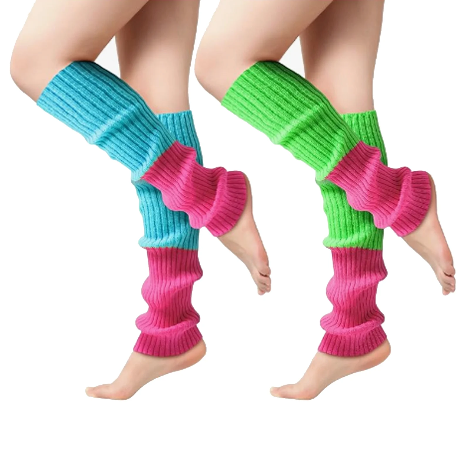 Jambières tricotées pour femmes, couvre-pieds rayés multicolores, néon, arc-en-ciel, danse de ballet, sport, genou haut, lit rétro des années 80, fête