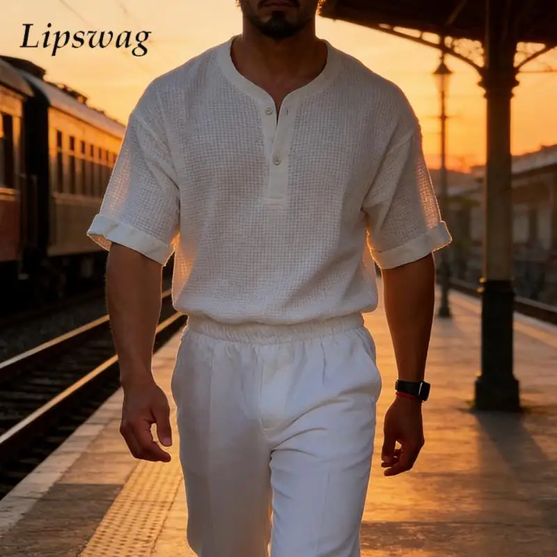 

Винтажные мужские рубашки с V-образным вырезом на пуговицах, приталенные, для весны и лета, повседневные, дышащие, однотонные, кардиганы, мужские топы с коротким рукавом для повседневного отдыха