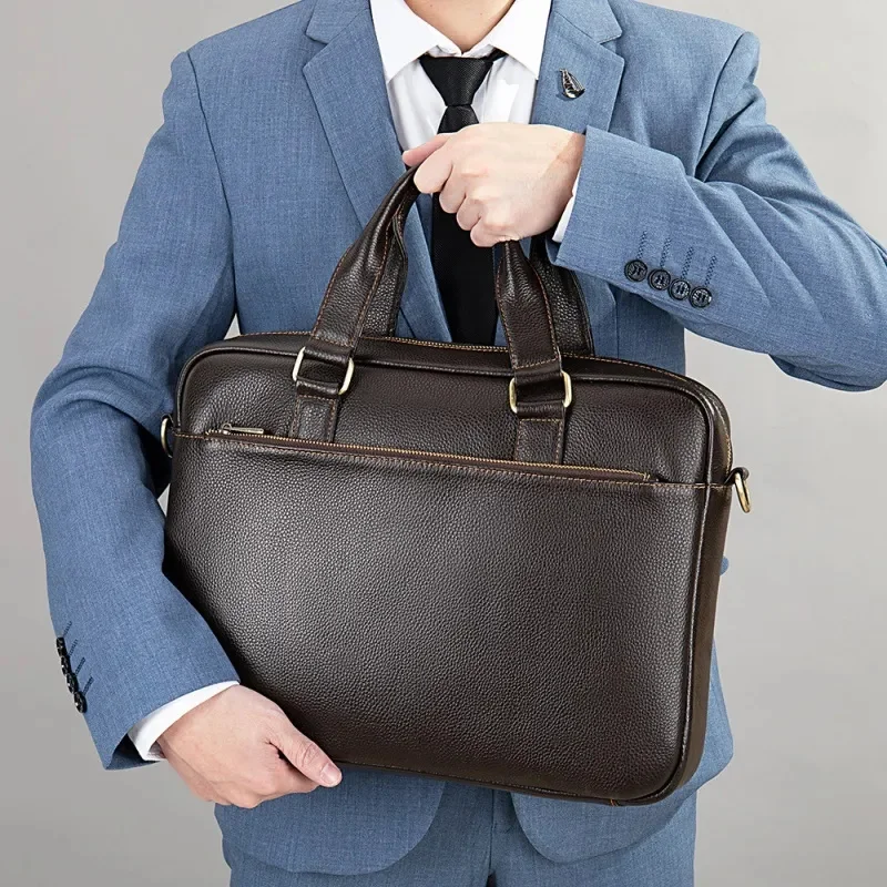 Maleta de couro genuíno para homens, bolsa luxuosa de couro, bolsa casual para laptop, ombro retrô, arquivo transversal masculino, negócio