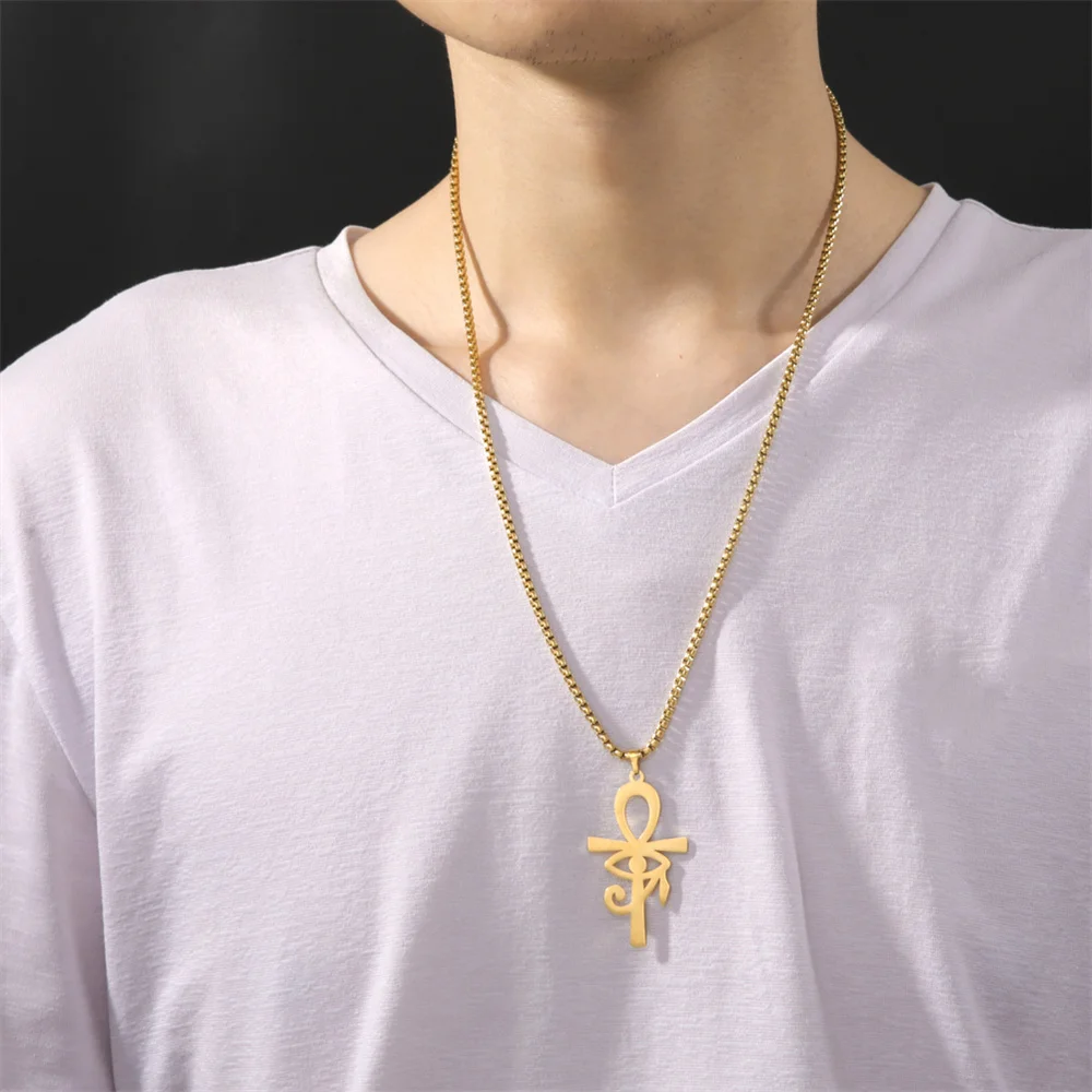 My Shape Egypt Eye of Horus Ankh Cross Necklaces for Men Women Stainless Steel Pendant Necklace Religious Jewelry Gift Vintage