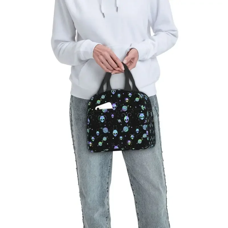 Holographic Alien Universe Cosmos With Planet And Stars Insulated Lunch Bag Portable Cooler Thermal Lunch Box Women Kids