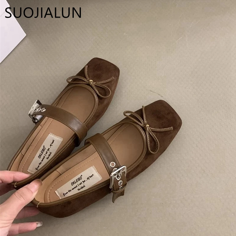 SUOJIALUN 2024 Autumn Women Flat Shoes Fashion Square Toe Shallow Slip On Mary Jane Shoes Soft Sole Outdoor Dress Ballerinas Sh