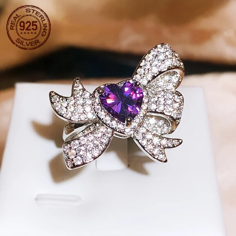 

Exquisite Elegant Heart Amethyst Ring 925 Sterling Silver Bowknot Ladies White Gold Plated Wedding Bridal Rings Jewelry