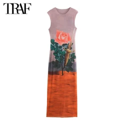 TRAF 2024 Print Tulle Dress Women Summer Corset Midi Dress Woman Sleeveless Long Dresses for Women Holiday Beach Womens Dresses