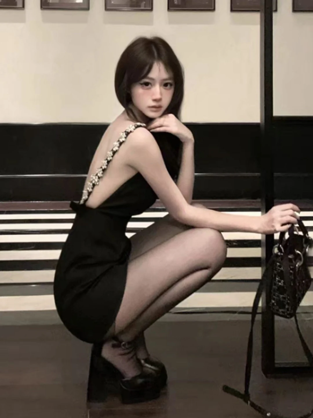 

Fashionable Korean Style Black Slim Fit Strapless Dress Sexy Backless High Waist Cotton Blend Spring Summer Casual Wear
