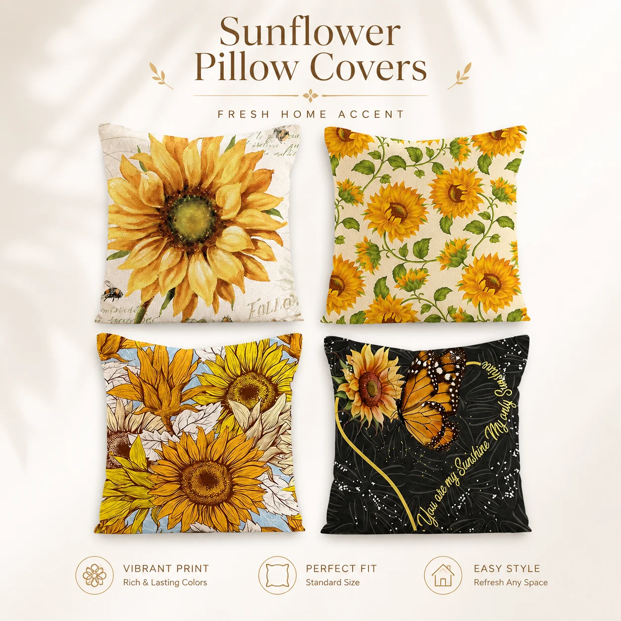 

Sunflower Cushion Covers 2D Flat Printed Peach Skin Set Of 4 Yellow Floral Coussin Throw Pillow Case Summer Room Decor Home