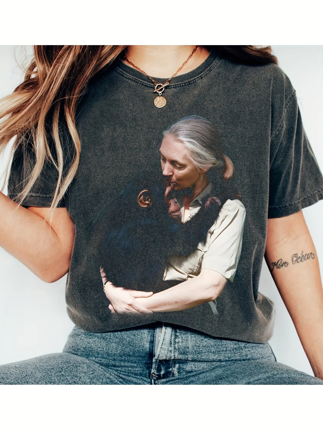Jane Goodall T-shirt iconic chimpanzee and Dr. Jane casual short-sleeved crew neck Chimpanzee Trust commemorative apparel
