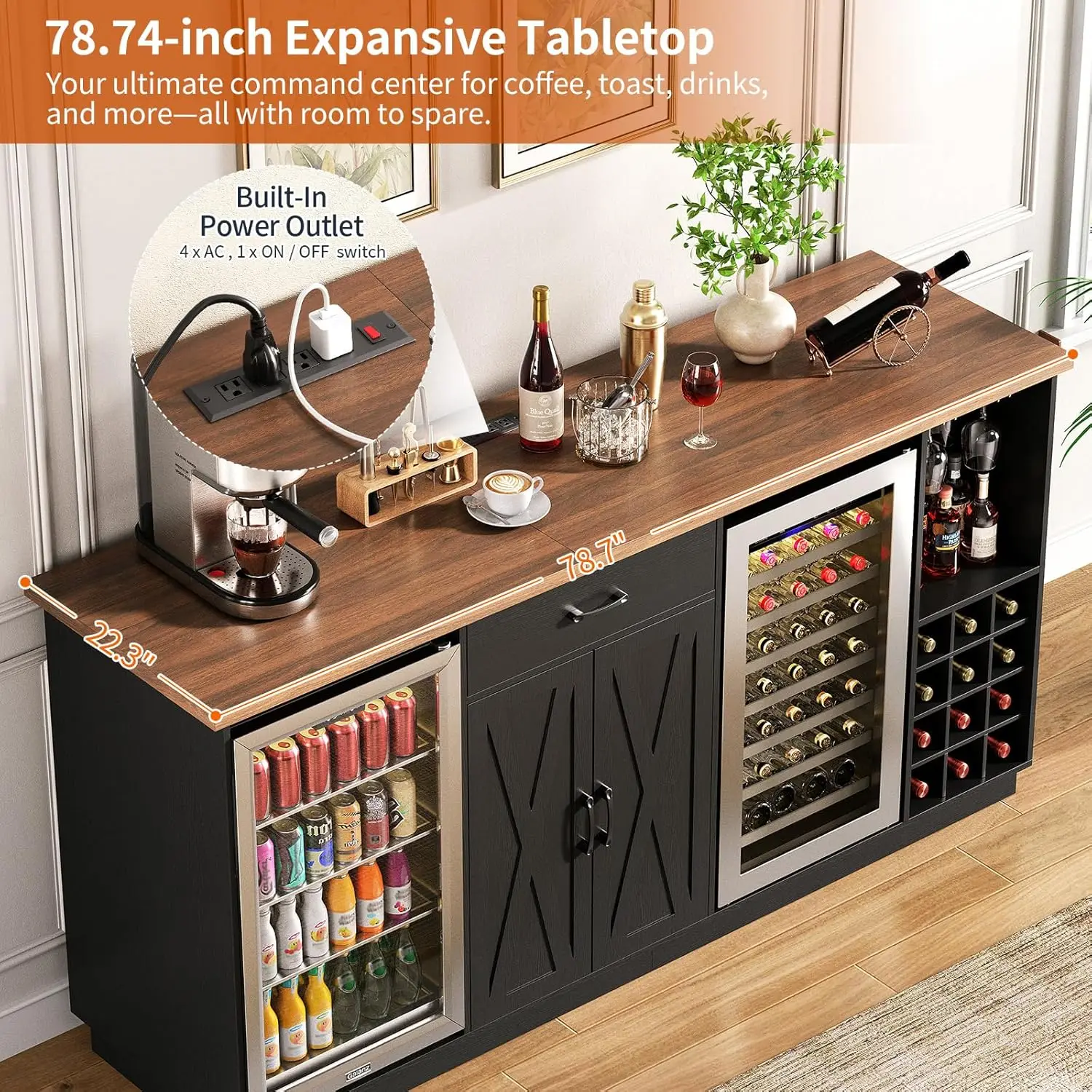 

Большой мини-холодильник-бар 78,74 дюйма с отсеком для хранения, винным шкафом и полками для вина, на заказ