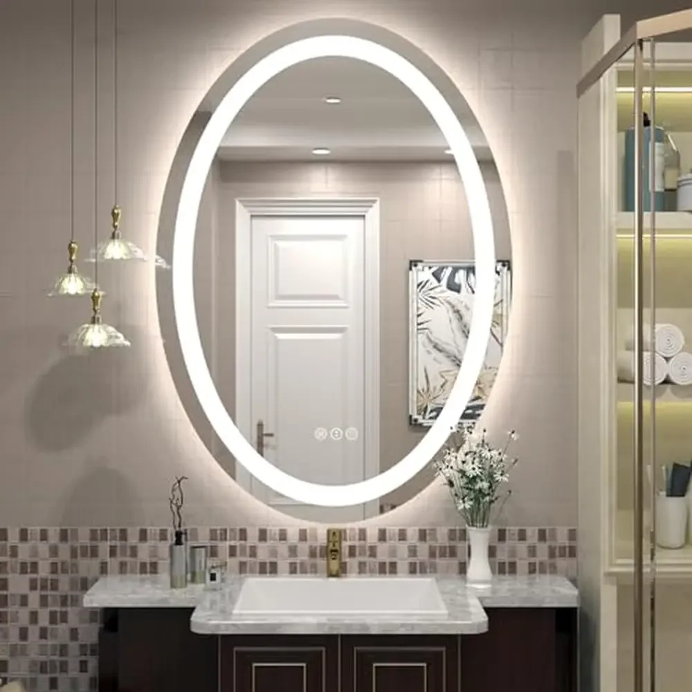 LED Oval Bathroom Vanity Mirror Wall Mount Anti-Fog Dimmable 3 Colors Front Backlit Shatter-Proof Safe Easy Install 40x24)