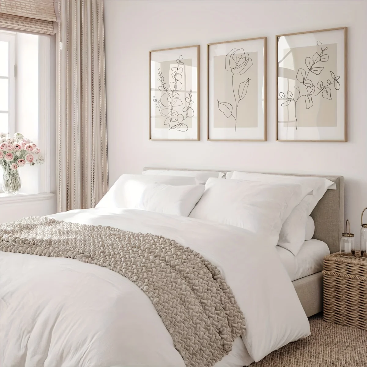 Ensemble de 3 imprimés de plantes beiges, imprimés d'art muraux neutres, art de ligne botanique, décoration murale minimaliste moderne pour chambre à coucher et salon, sans F
