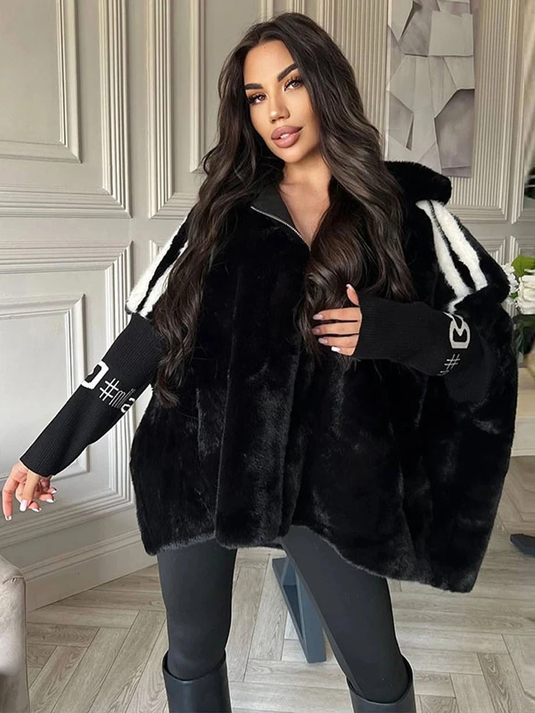 2026 Knitted Patchwork Faux Fur Short Coat Jacket Autumn Winter Women Hooded Loose Coat Full Sleeve Letter Print Outerwear