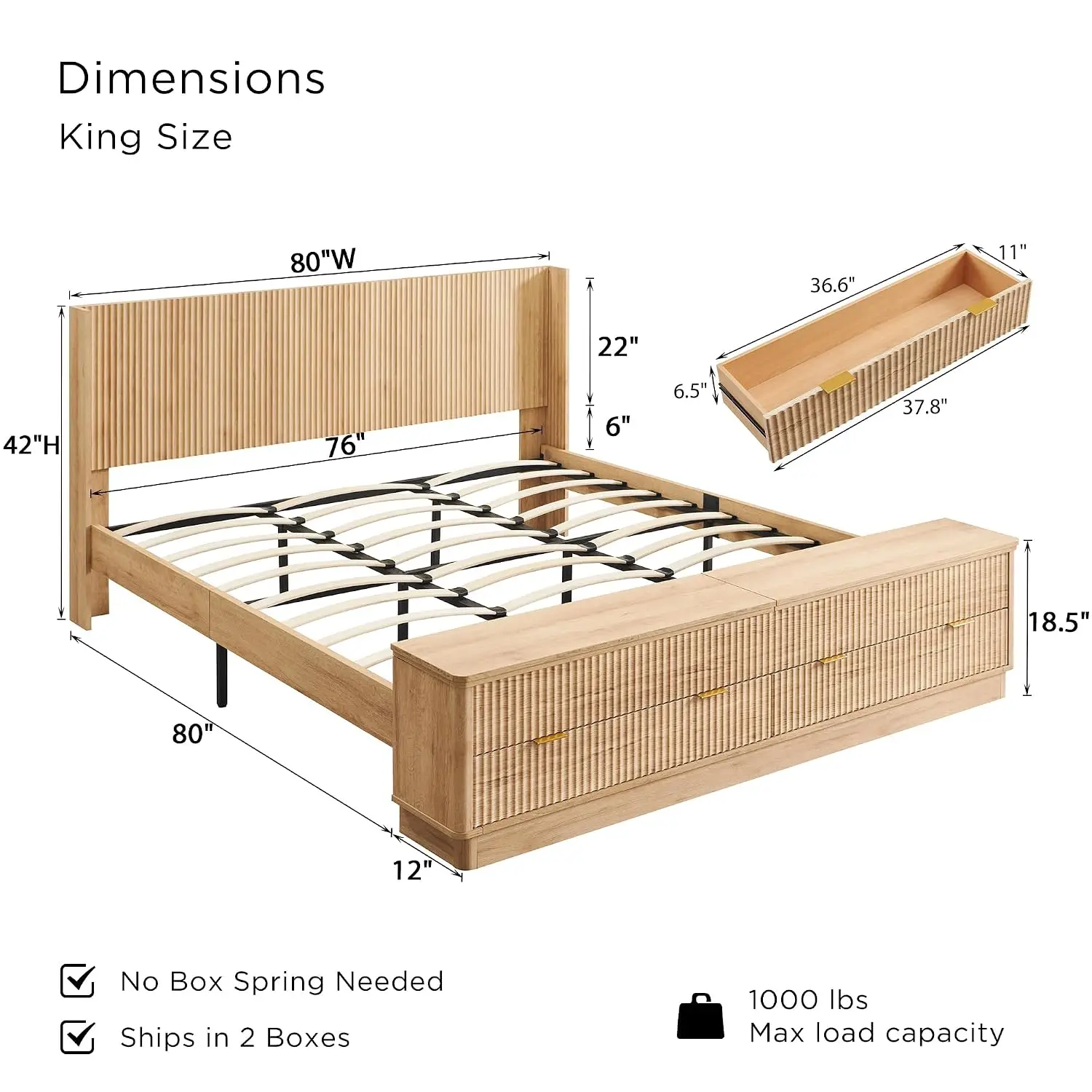 Fluted King Bed with Headboard and Storage Bench, Natural Oak | Wingback Design, Footboard Drawers and, Customized
