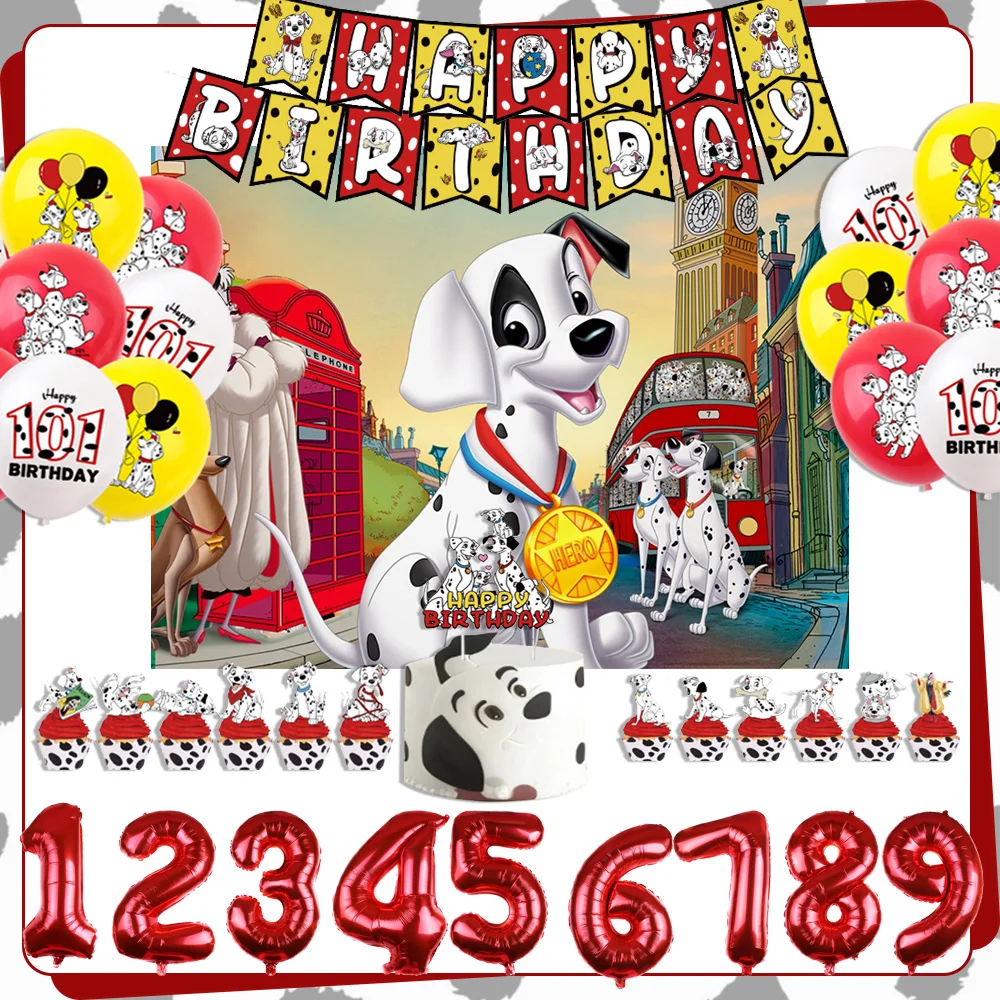 

Cartoon One Hundred and One Dalmatians Backdrop Birthday Party Decoration Animal Balloon Banner Cake Top Baby Shower Kids Gift