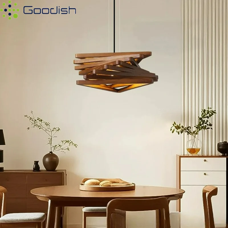 Medieval Bauhaus Multi Layer Wooden Triangular Frame LED Pendant Lights Fashion Lamps for Living Room Home Decoration Chandelier