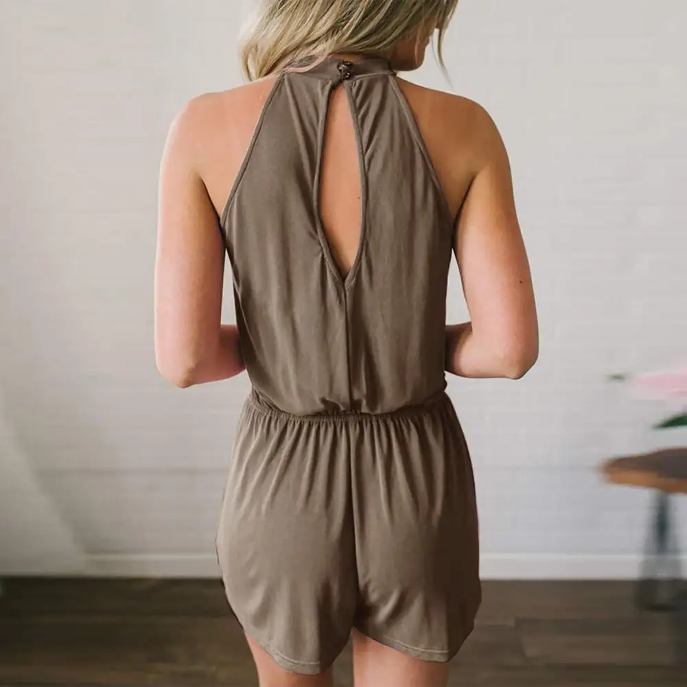 

Lady Daily Romper Slim Waist Hollow Back Women Romper Off Shoulder Sleeveless Pleated Solid Color Ol Commute Sport Casual Style