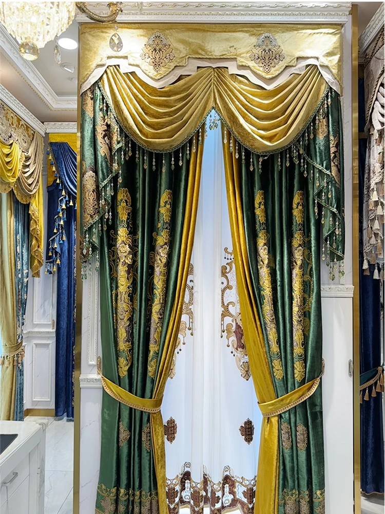 Custom curtain European flannelette high-end embroidery luxury blue cloth blackout curtain tulle valance drape C1452