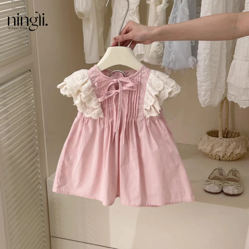 

2025Summer Children's Retro Hollow Out Flutter Sleeve Princess Dress Sweet Pink Dress for Girls