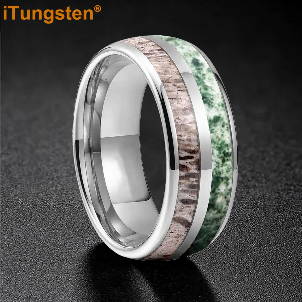 Itungsten 6/8mm Deer Antler And Moss Agate Inlay Tungsten Carbide Wedding Ring for Men Women Polished Bevel Edges Comfort Fit