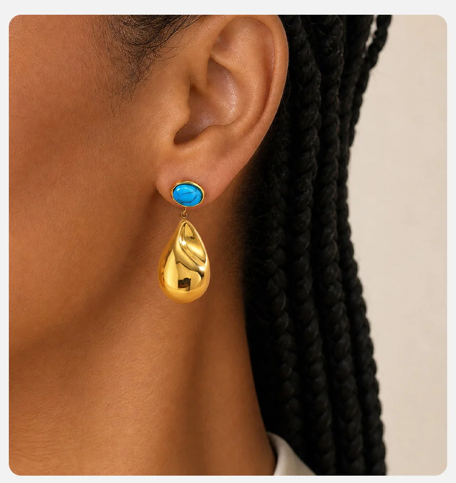 Vnox Elegante Tropfenohrringe für Damen, trendiger Edelstahl, 18K vergoldet, Naturstein, blauer Türkis, tropfenförmige Hängeohrringe – Detail 2