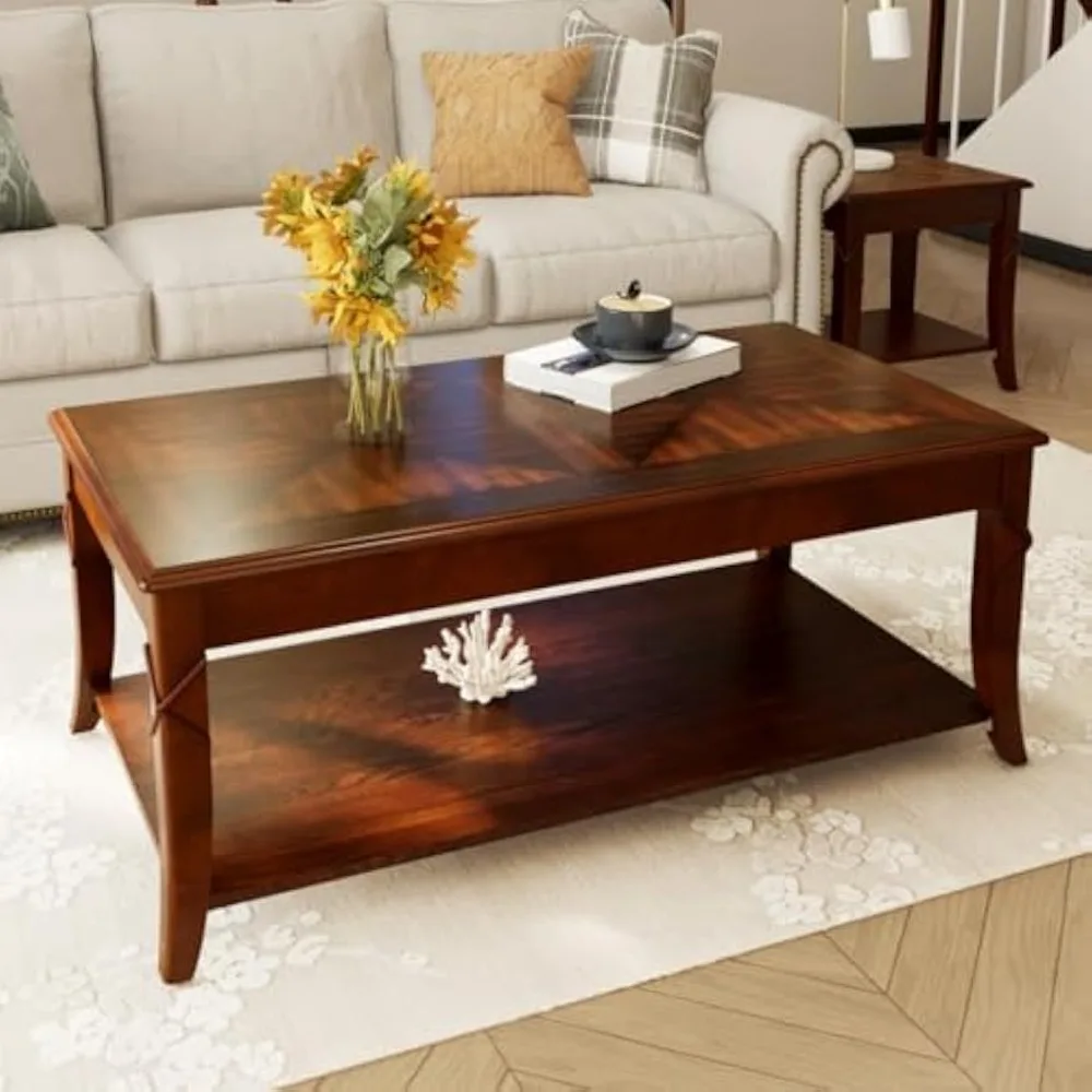 

Solid Wood Coffee Table for Living Room, Cherry Cocktail Table with Storage Shelf, Mid Century Queen Anne Style Coffee