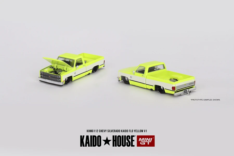 

Kaido House+MINIGT Chevrolet Silverado KAIDO Flo Yellow V1 KHMG112 Cars Alloy Diecast Metal Model Kids Xmas Gift Toys for Boys