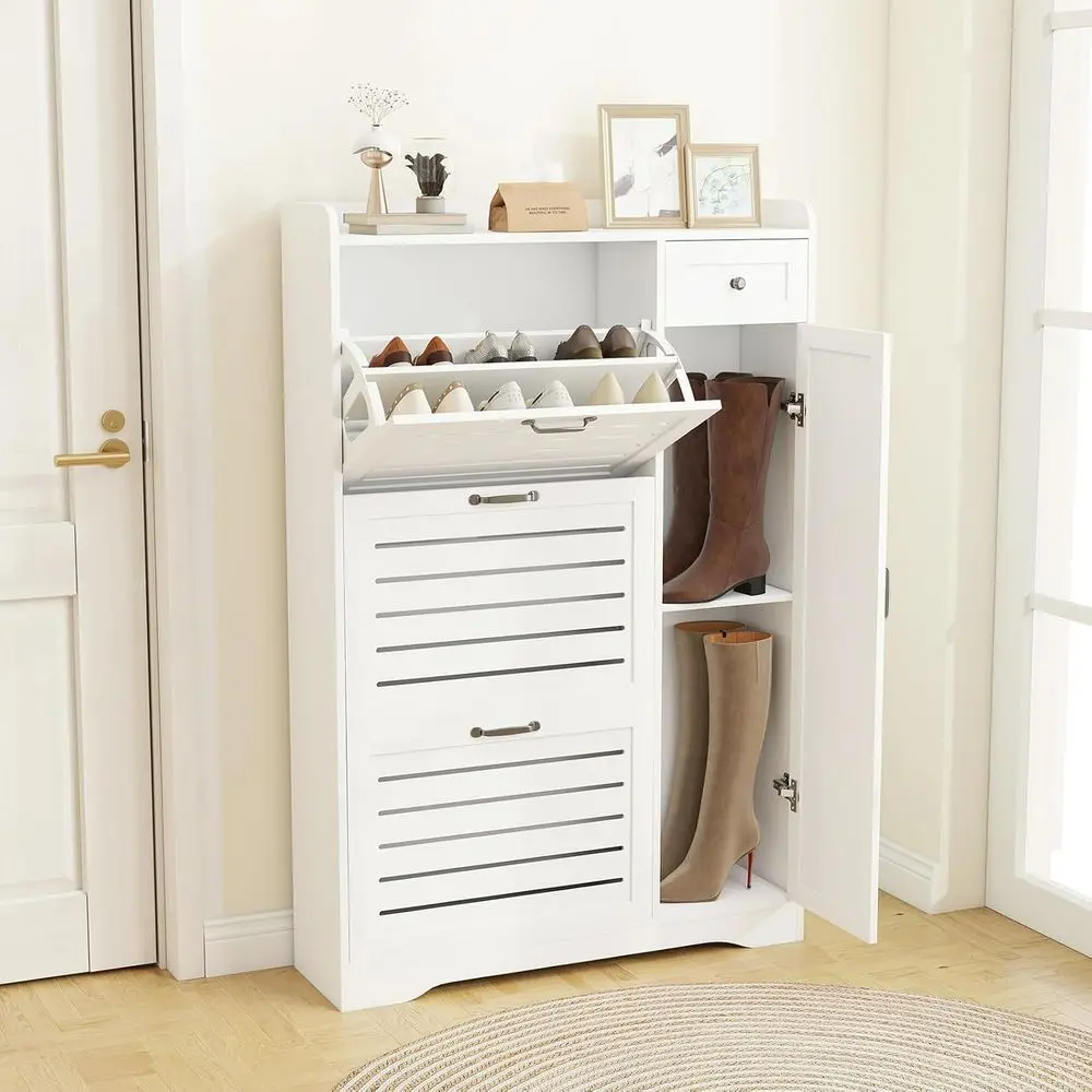 

Slim White Shoe Storage Cabinet with 3 Drawers, Adjustable Shelves, and Deodorizing Wooden Organizer