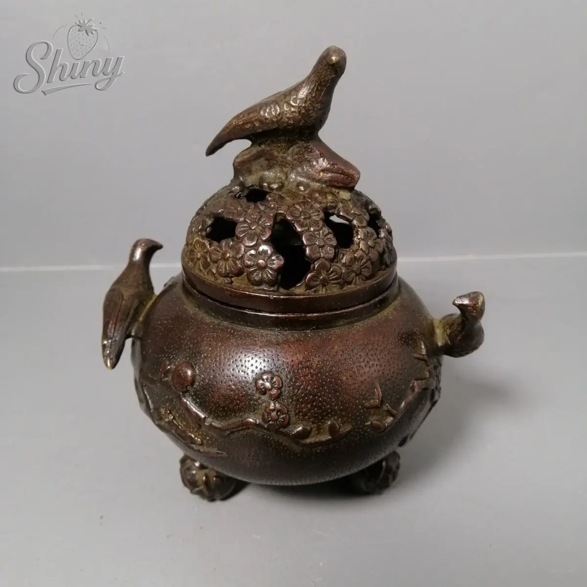 

Antique Bronze Magpie Incense Burner Hand Carved Flower Ornament Living Room Feng Shui Statues for Decoration