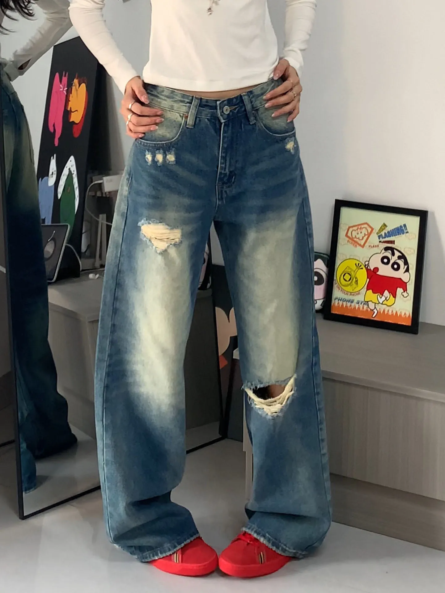 

Women Blue Y2k Ripped Jeans Harajuku Vintage Baggy Denim Trousers Japanese 2000s Style Hip Hop Oversize Jean Long Pants Clothes