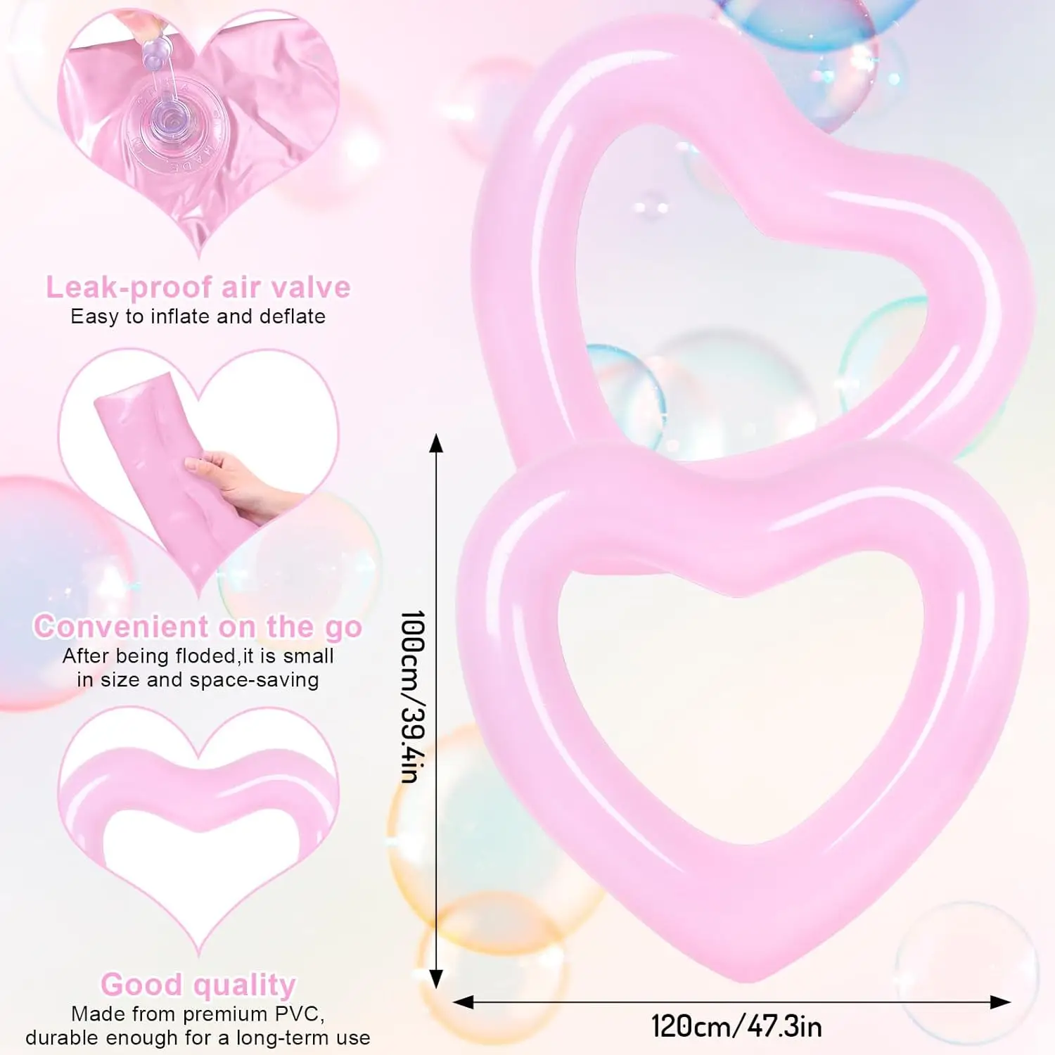 3Pcs Inflatable Heart Pool Float Swim Heart Shaped Pool Rings Float Loungers Tube