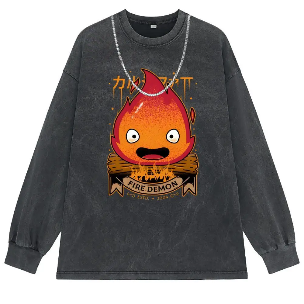 Calcifer-Camiseta de demonio para niños, camiseta lavada de Hip Hop, sudaderas Retro para niños, manga larga, estilo familiar, ropa de calle