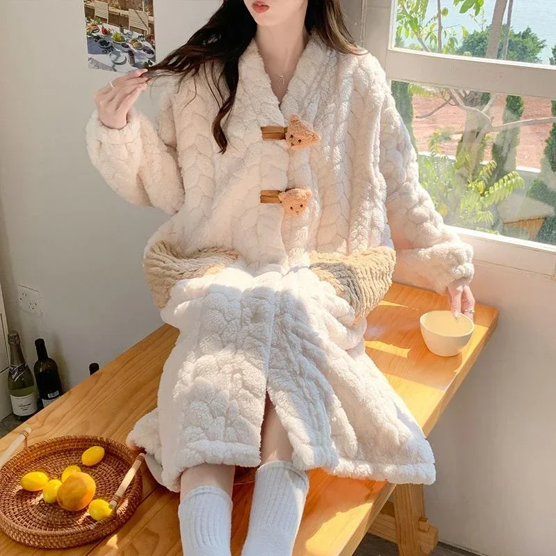 Winter parturient prenatal home wear with thick  fleece nursing nightdress  women coral fleece maternity  waiting  nightgown