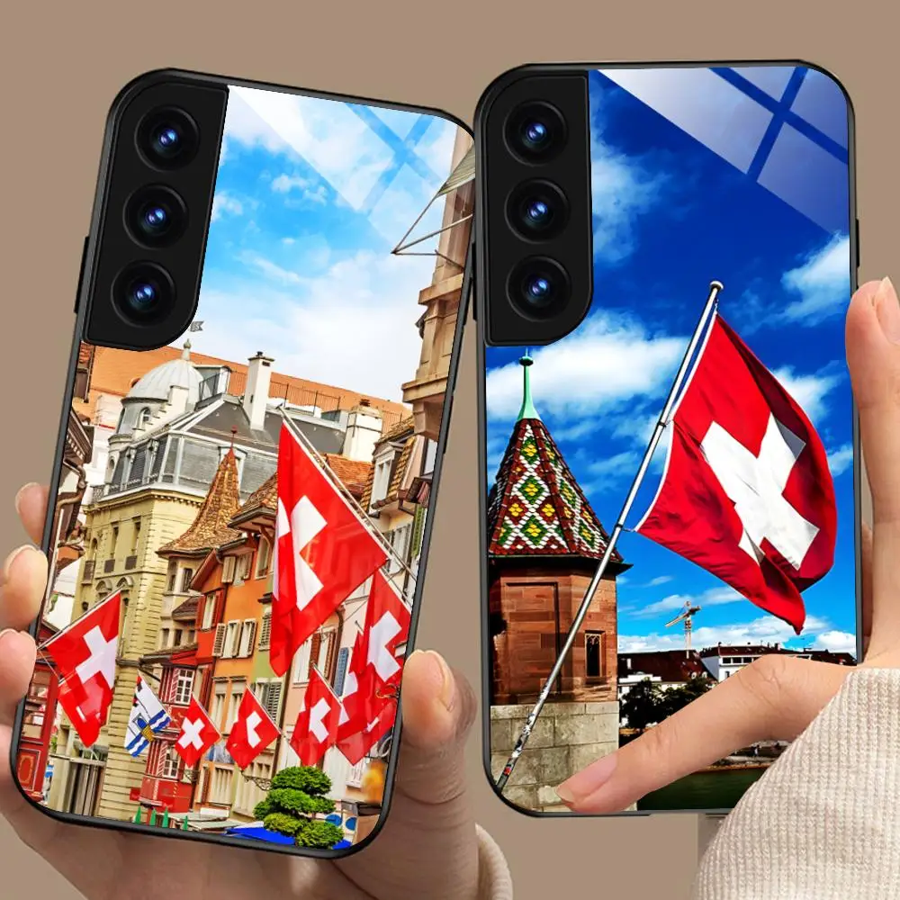 سويسرا العلم قضية الهاتف المحمول لسامسونج غالاكسي A56 55 54 53 52 51 36 35 34 23 16 15 5 جرام غطاء زجاجي فاخر جميل