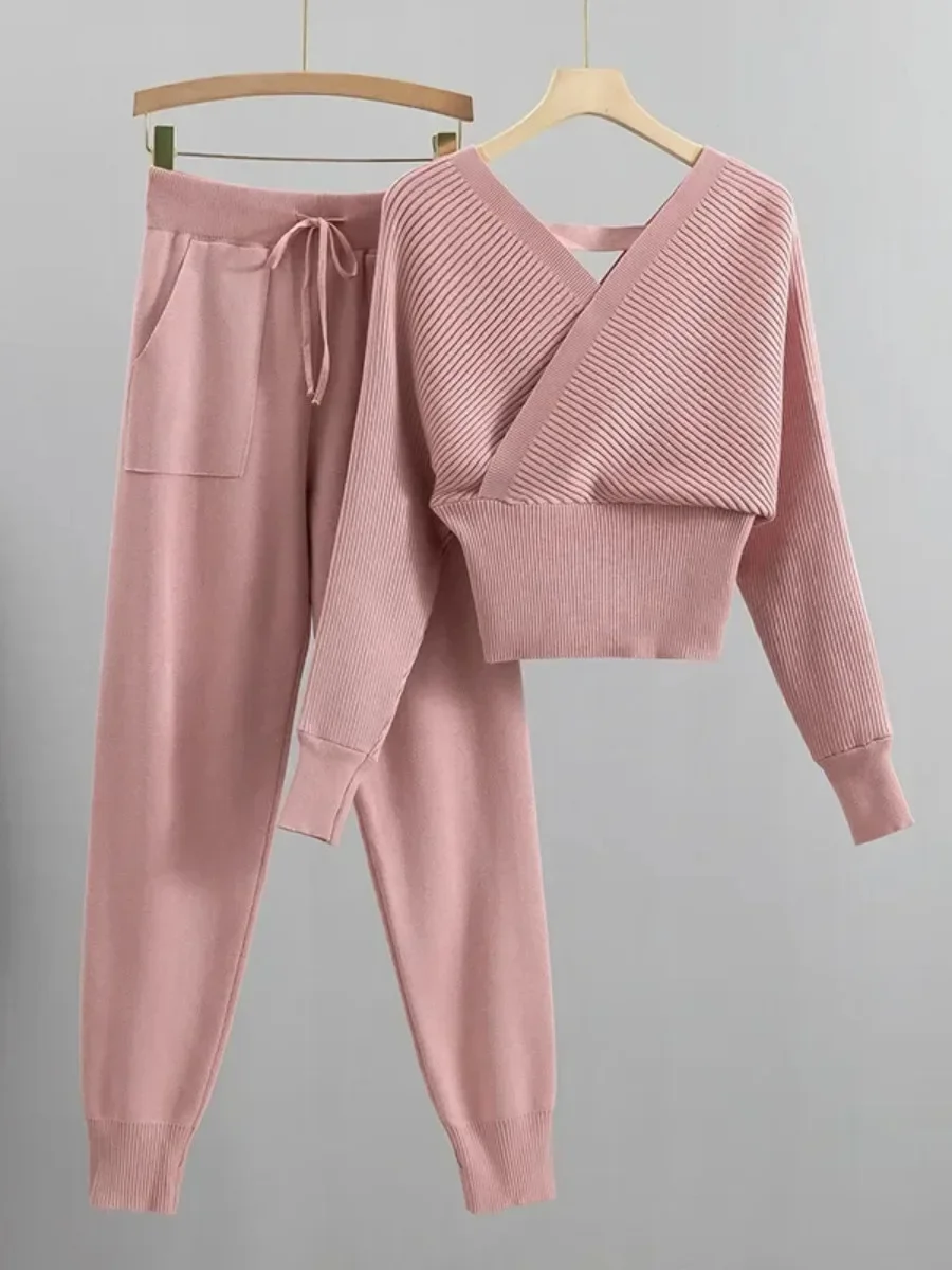 2 Piece Sets Women Knitting Outfits V Neck Pullover Sweater Pockets Drawstring Pencil Pants Slim Fit Suit Casual Knit Ensemble