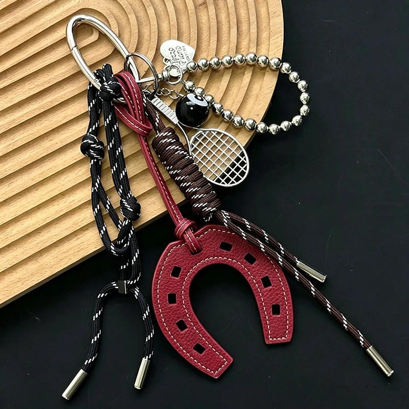 PU Leather Horse Hoof Horseshoe Keychain For Bag Women Beading Handbag Racket Key Rings Charm Holder Bag Purse Accessory