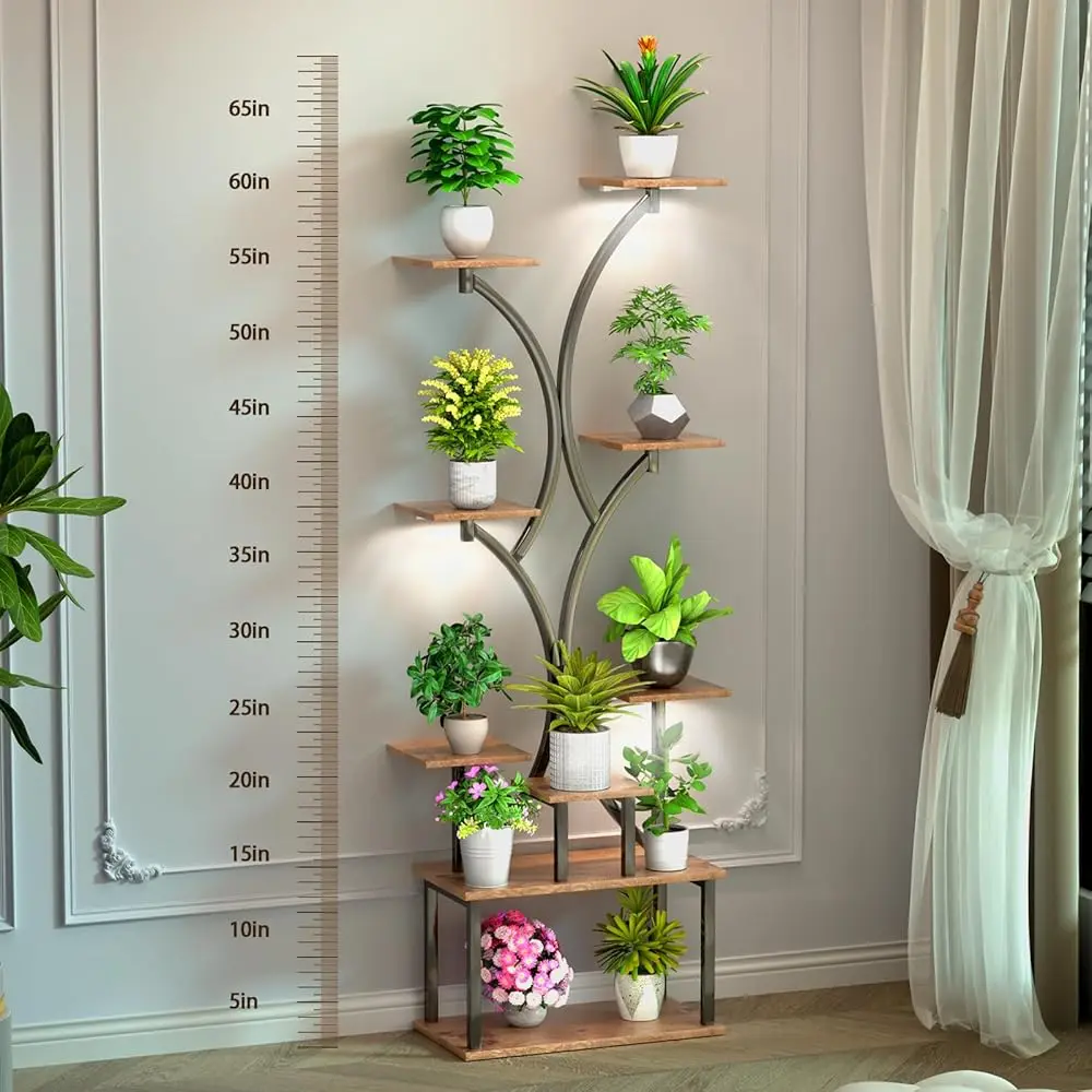 

65 H Plant Stand Indoor With Grow Lights, 9 Tiered Metal Plant Stands Indoor, Tall Plant Shelf For Multiple Plants, For Living