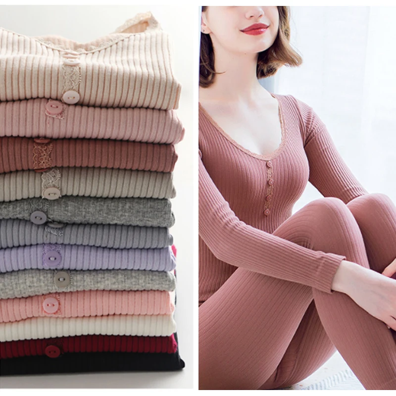1Set Women's Thermal Underwear Sets Girl Solid Top and Pant Warm Suit Female Round Neck Autumn Winter Button Basic Clothes