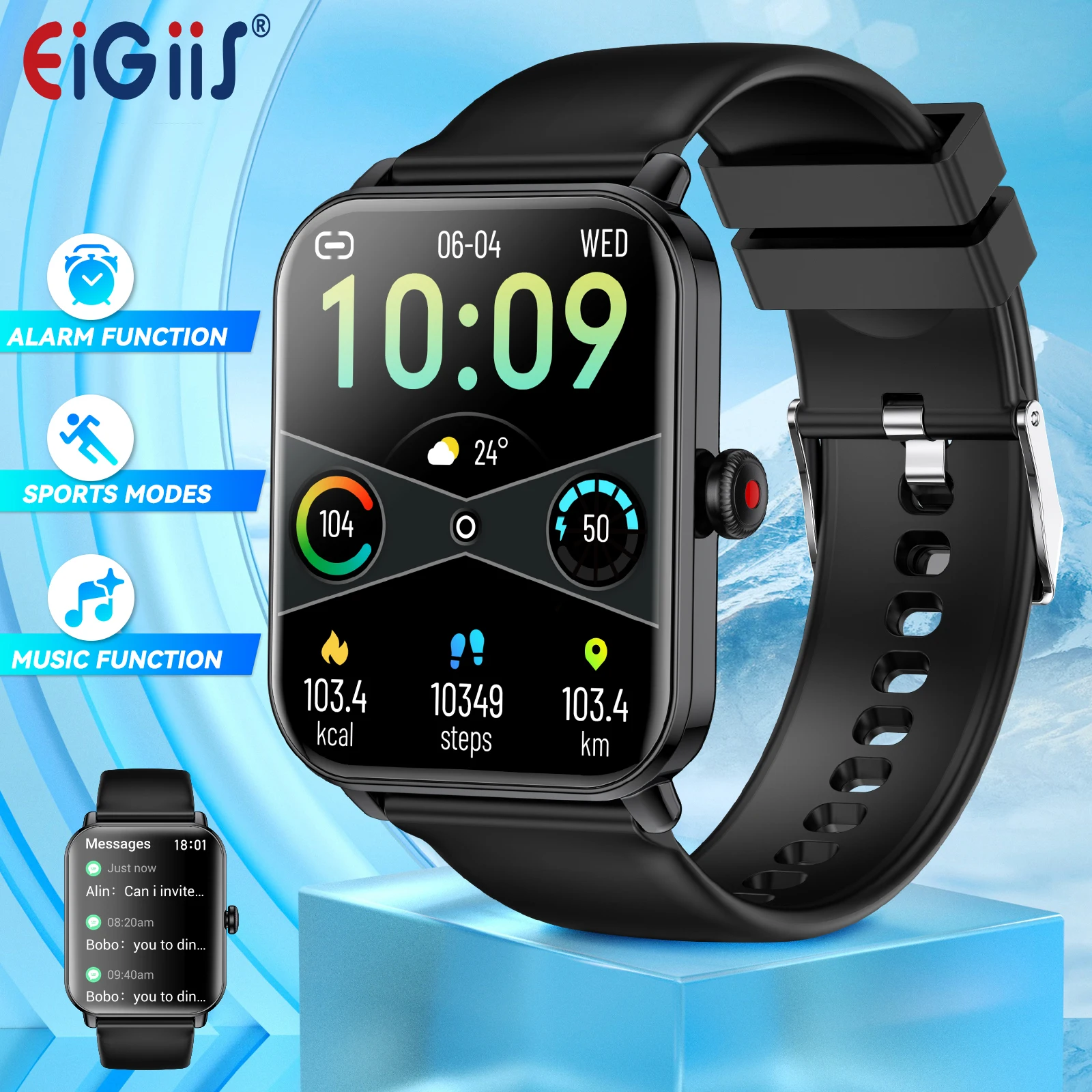 

EIGIIS Smart Watch for Women Men 1.73" Full Touch Screen Fitness Tracker with Bluetooth Call Heart Rate Monitor IP67 Waterproof
