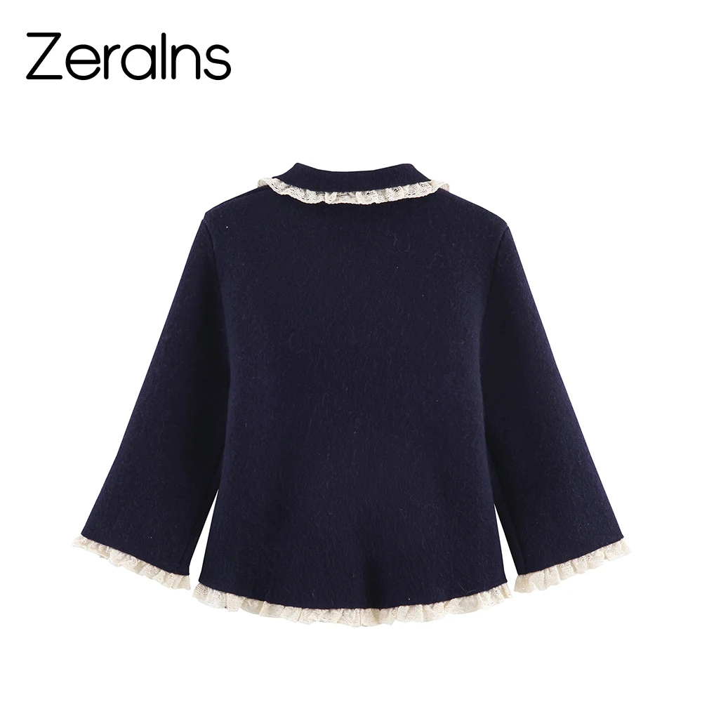 ZERAINS Winter nieuw product Frans retro gebreid vest met lange mouwen en kanten verfraaid met kleine ronde revers