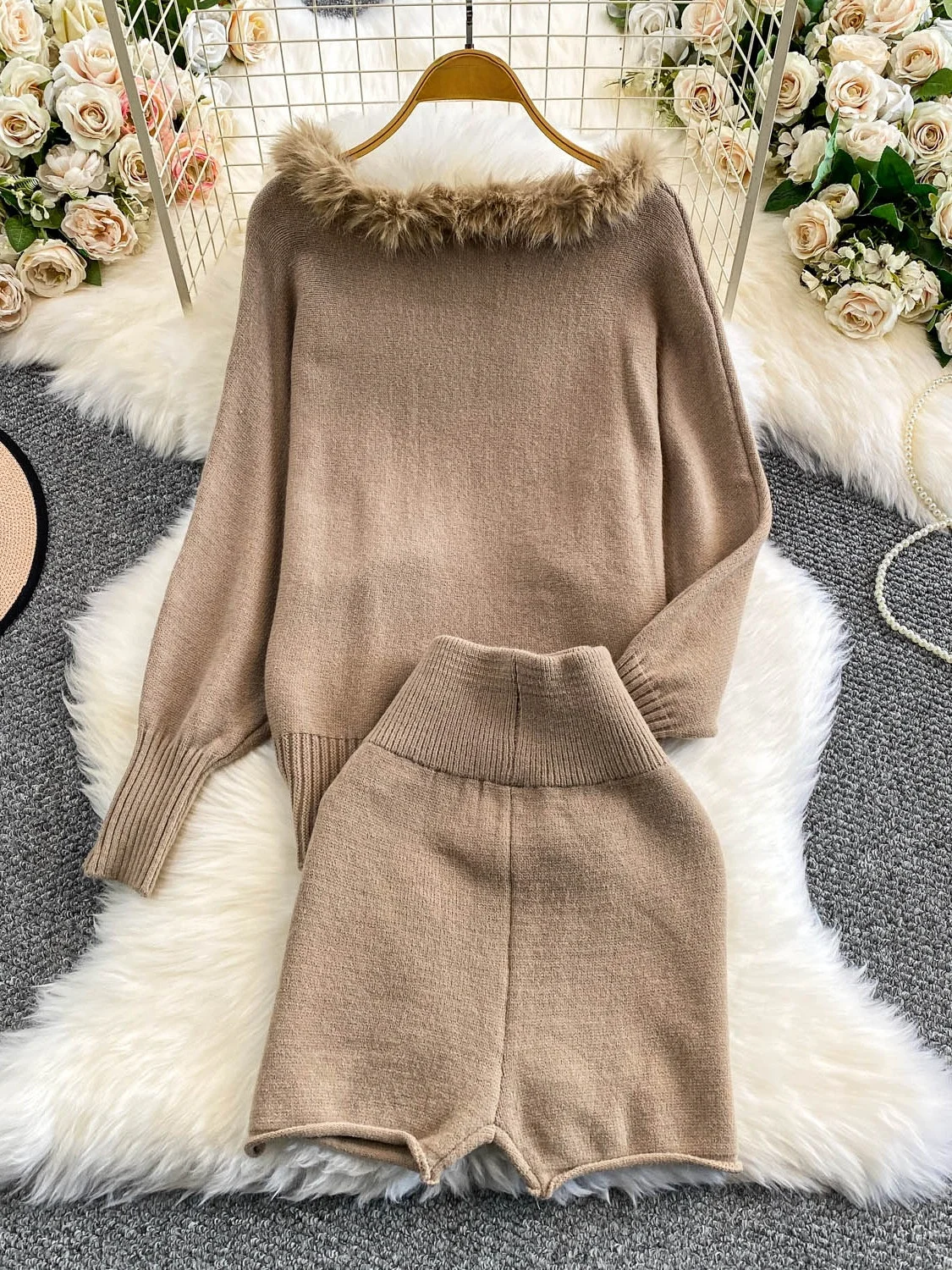 Weicher, gemütlicher, gespleißter Strickpullover, One-Shoulder-Design, eep Leg Sve Furry, Set zum Abnehmen, hohe Taille, Orts, Herbstmode...