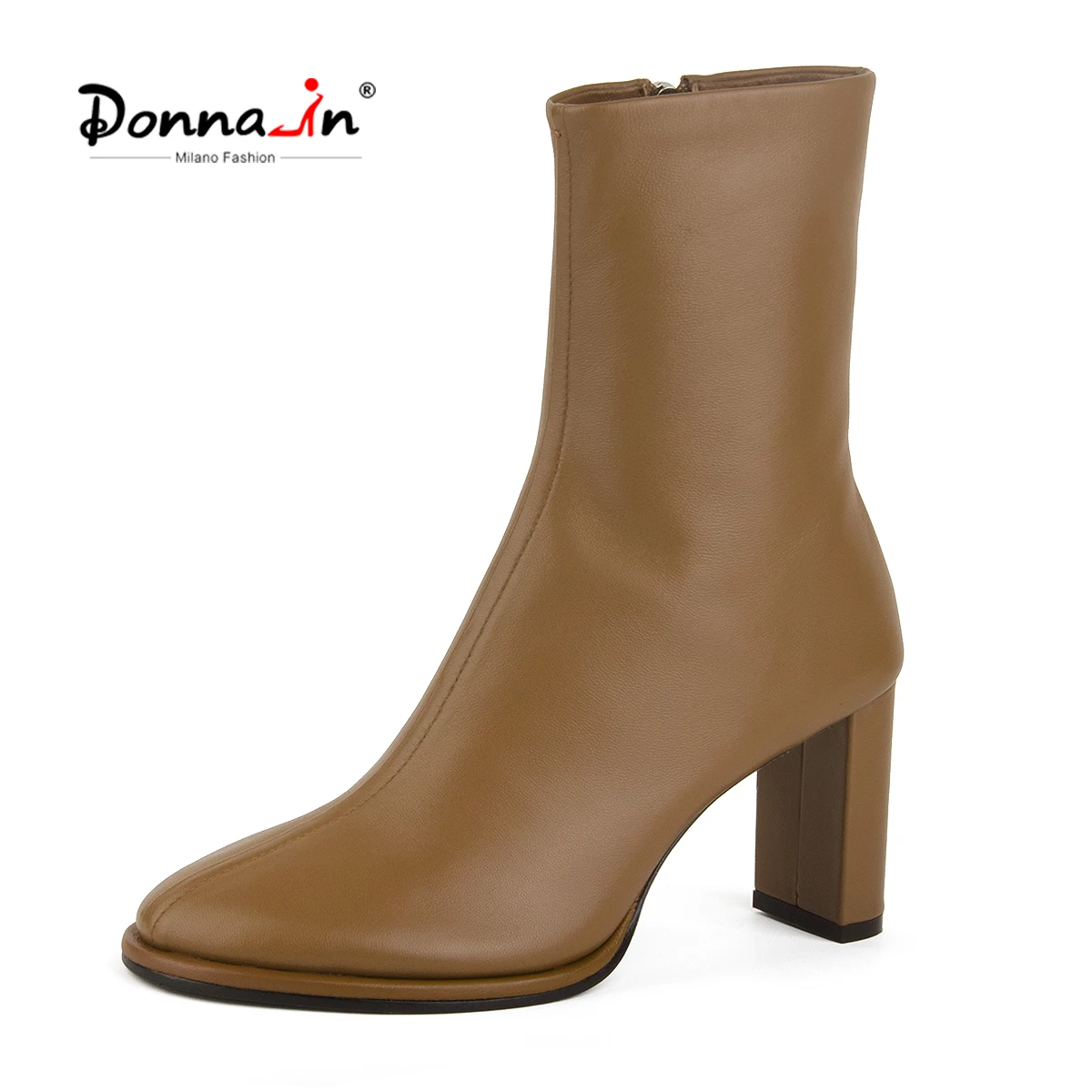 Donna-in Short Boots Women Cowhide Leather Zipper Autumn Round Toe Calfskin Ankle Boots Simple Heel Height 8cm Women\'s Boots