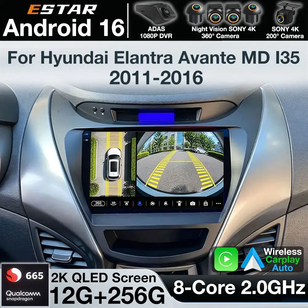 Android 16 Car Radio For Hyundai Elantra Avante MD i35 2011-2016 Wireless CarPlay Android Auto GPS Navigation Multimedia Player