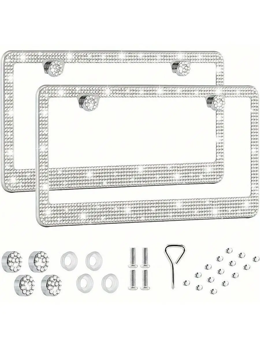 2PCS Glitter License Plate Frame - Square Hole Diamond Bling Chrome Car Accessories,Glitter Square Hole Cover, Anti-Theft Bolt