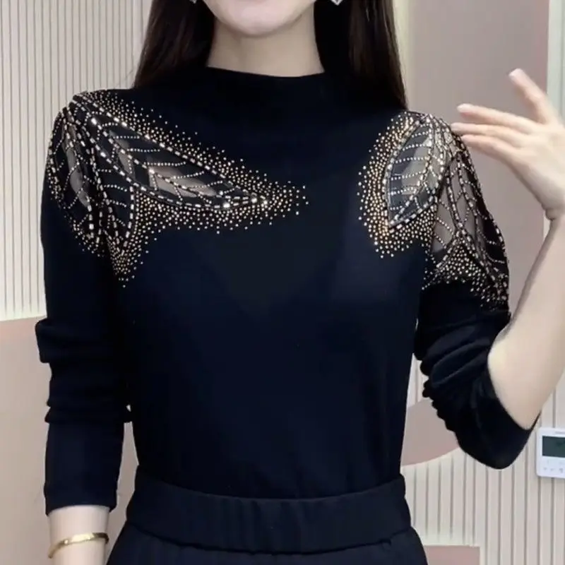 Half High Collar Solid Color Diamonds Patchwork T-shirt Women's Clothing Autumn Winter New Mesh Hollow Out Elegant Fleece Tops