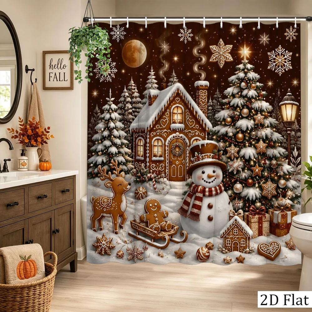 1pc 2D Flat Shower Curtain, Gingerbread House Snowman Reindeer Xmas Tree Winter Scene Printed Shower Curtain, Decor for Bathroom