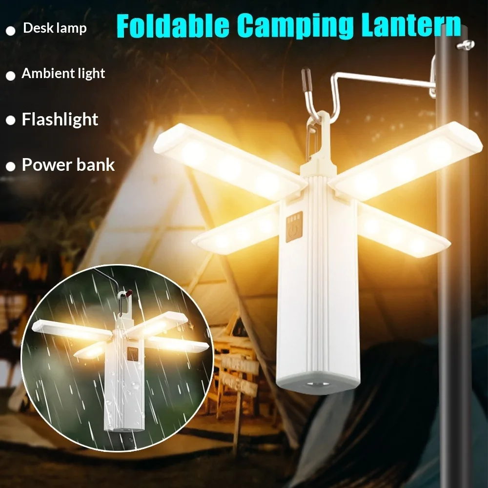 Solar Powered Waterproof Durable LED Camping Lantern Portable 4 3 Leaf Hook Tent Light Outdoor Flashlight 6 Modes