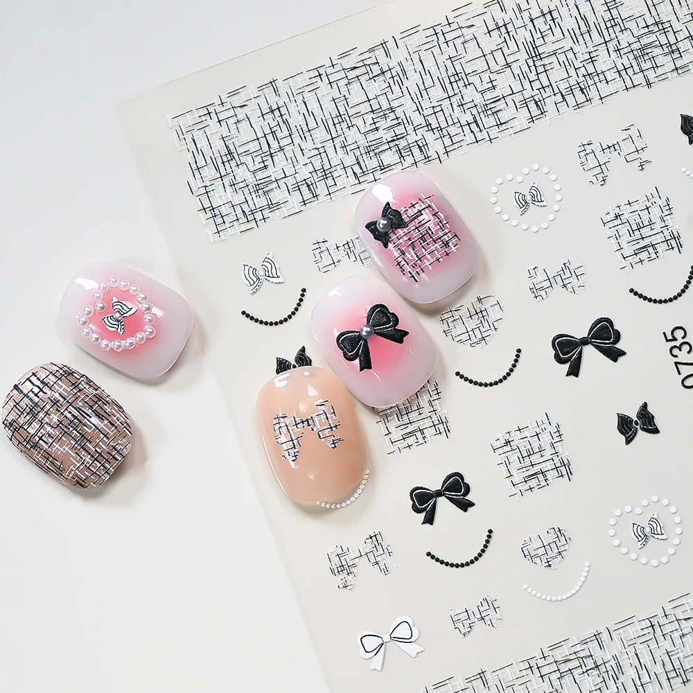 New Black 5D Bow Checkered Nail Stickers Y2K Luxury Bow Checkered Nail Art Decals Elegant French Pearl Line Manicure Sliders