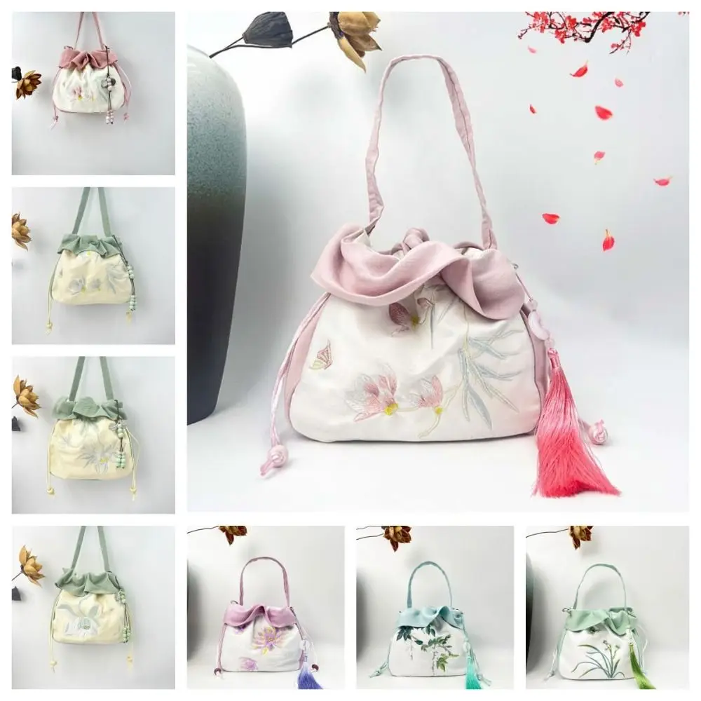 New Chinese Style Flower Drawstring Bucket Bag Handbag Rabbit Embroidery Crossbody Bag Floral Coin Purse Small Messenger Bag