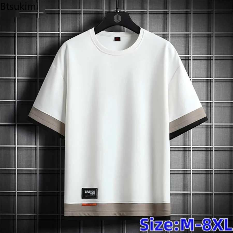 Men's Fashion Casual Fake Two Pieces T-shirt Men Plus Size Tops Tees Summer Loose Solid Color Short Sleeve T Shirt Big Size 8XL